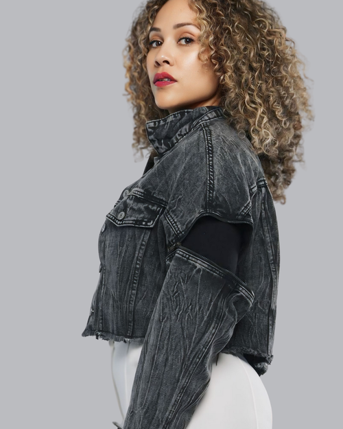Cropped Denim Zip Sleeve Jacket