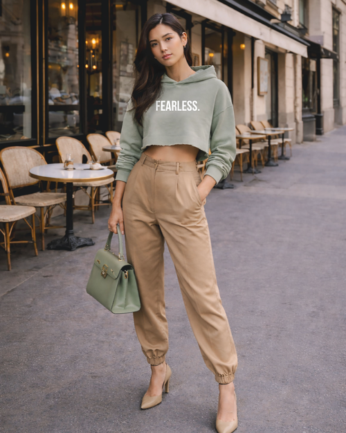 confidence, confidence apparel, confidence hoodie, signature fearless crop hoodie, hoodie, sweatshirt, pullover, unisex hoodie, everyday essential, streetwear, minimalist style, elevated casual, cozy, layering piece, casual wear, lounge wear, travel outfit, fall style, winter style, year round