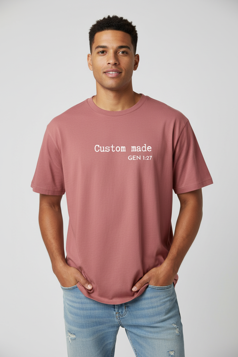 Male model wearing Custom Made Tee in red